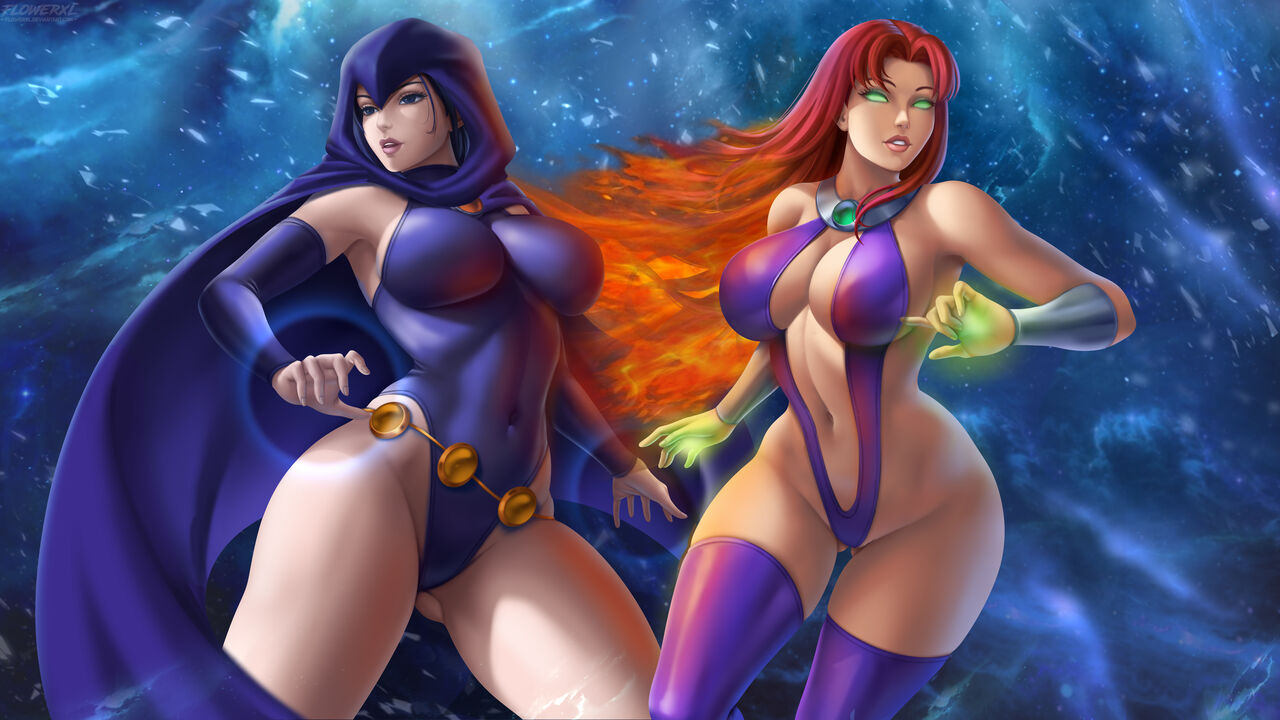 1girl 2_girls 5_fingers alien alien_girl alternate_version_available belly_button belt big_breasts big_breasts big_breasts blue_eyes blue_hair bracelet bracelets breasts cape cleavage clothed clothed_female clothes clothing collar color colored cosplay curvaceous curvy curvy_figure dark_hair dc_comics dc_comics eyelashes female_only flowerxl glowing_eyes green_eyes grin hair happy hood hourglass_figure humanoid koriand'r leotard long_hair looking_away multiple_females multiple_girls navel no_bra no_panties no_underwear open_eyes orange_skin outfit pale pale-skinned_female rachel_roth raven_(dc) red_hair revealing_clothes simple_background skimpy_clothes sling_bikini smile smooth_skin starfire stockings superheroine swimsuit tamaranean teen_titans teeth thick_thighs thin_waist tight_clothing uncensored uniform very_long_hair voluptuous wide_hips