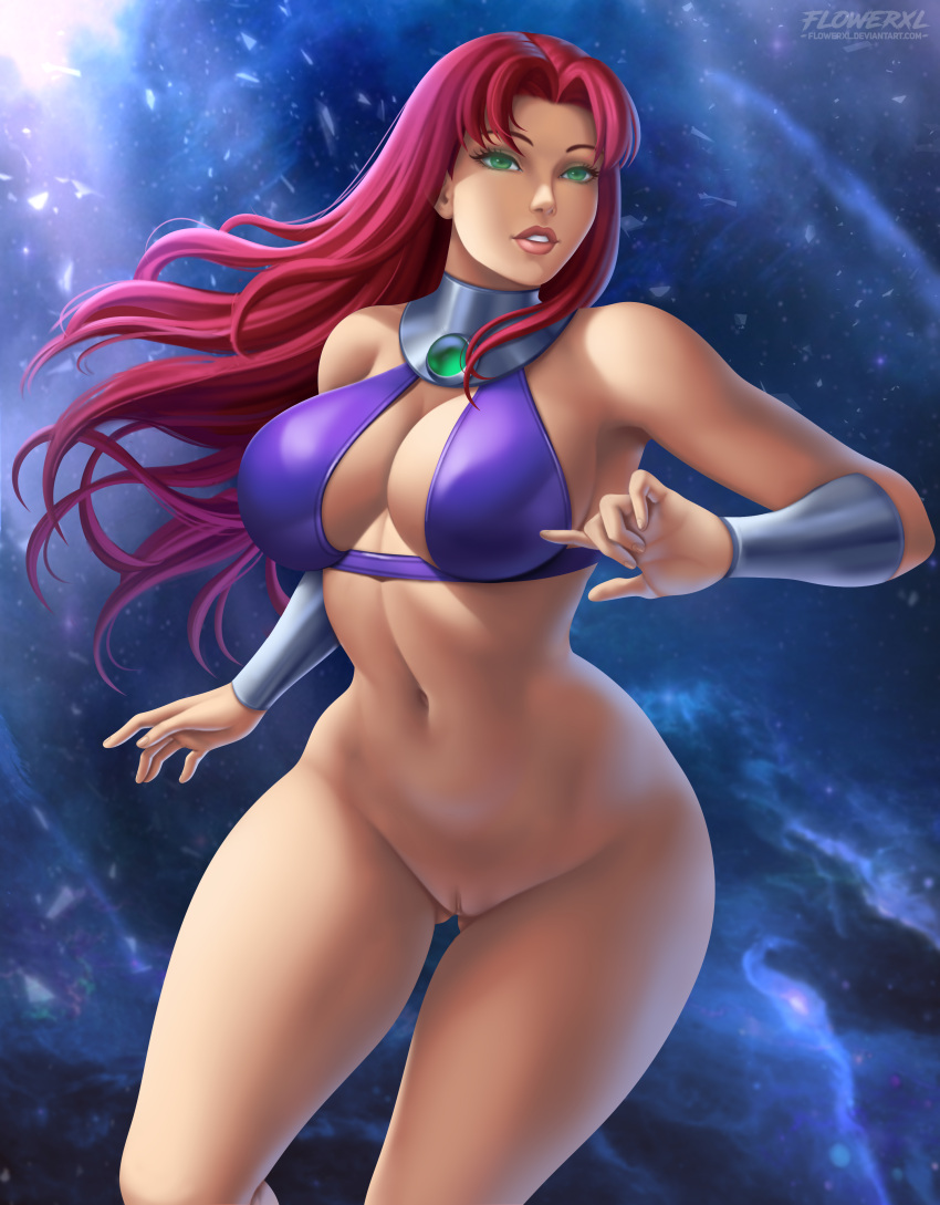 1girl 1girl 1girls 2020 5_fingers alien alien_girl alternate_version_available big_breasts boots breasts cleavage clothing dc_comics dc_comics deviantart eyebrows eyelashes female_only flowerxl green_eyes hair humanoid humanoid_hands koriand'r long_hair no_panties pinup pussy pussy red_hair redhead starfire stockings tamaranean teen_titans thick_thighs wide_hips