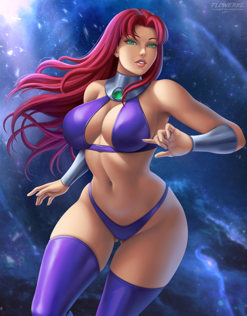 1girl 1girl 1girls 2020 5_fingers alien alien_girl alternate_version_available big_breasts boots breasts cleavage clothing dc_comics dc_comics deviantart eyebrows eyelashes female_only flowerxl green_eyes hair humanoid humanoid_hands koriand'r long_hair panties pinup red_hair redhead starfire stockings tamaranean teen_titans thick_thighs wide_hips