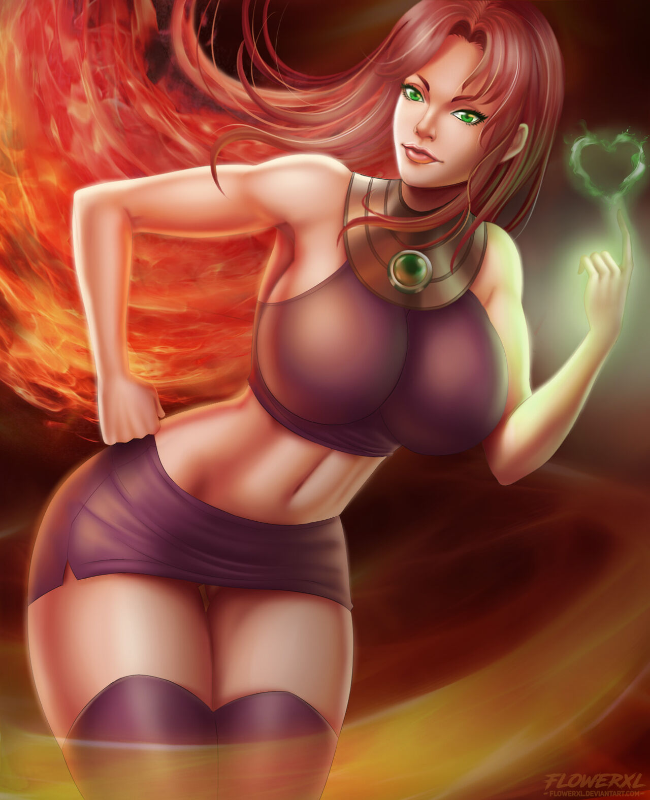 1female 1girl alien alien_girl artist_logo big_breasts breasts burning curvy curvy_female dark_background dc dc_comics female_focus fire fitness flowerxl green_eyes heart high_heels human koriand'r light-skinned_female light_skin long_hair looking_at_viewer purple_high_heels purple_skirt purple_topwear red_hair revealing_clothes skirt solo_female solo_focus starfire stockings teen_titans thighs waist